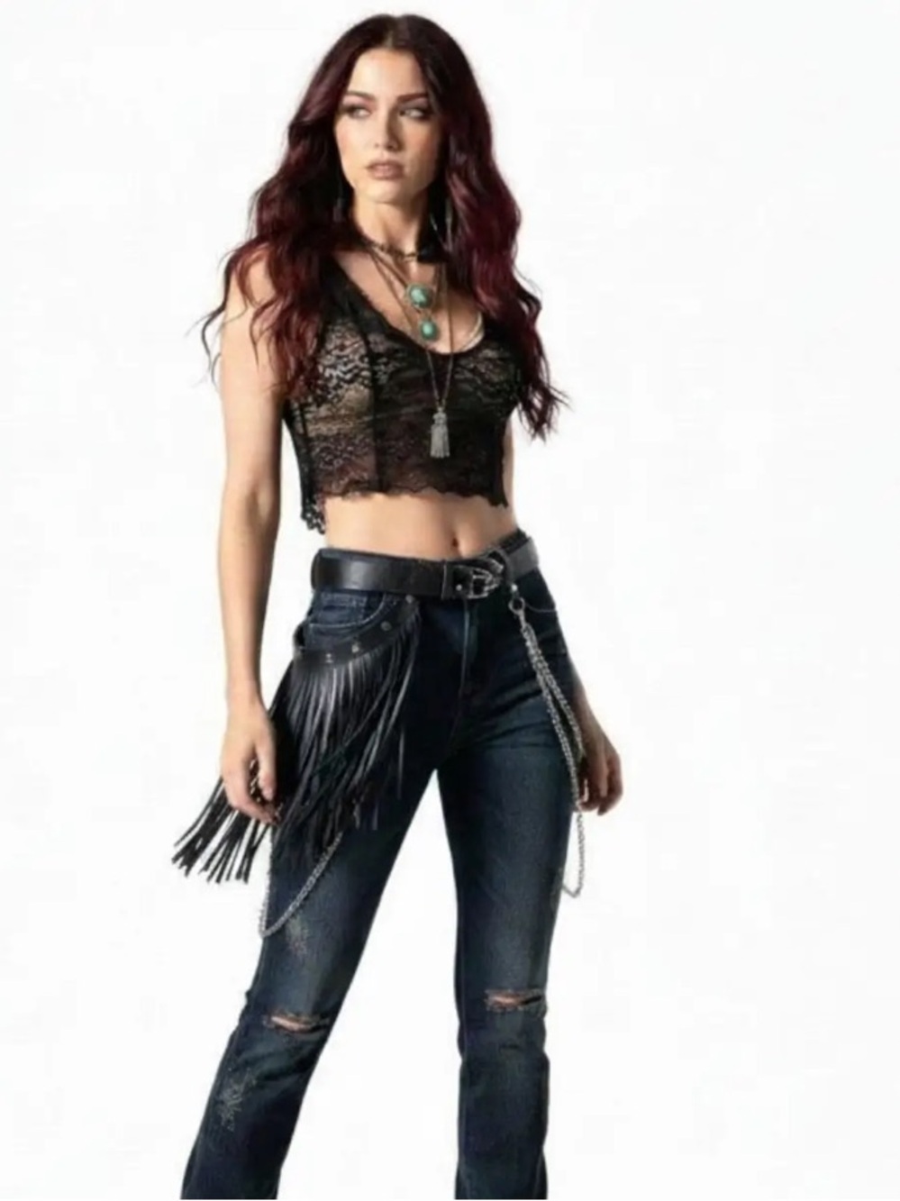Black Waist Draped Harness Fringe Belt NWT